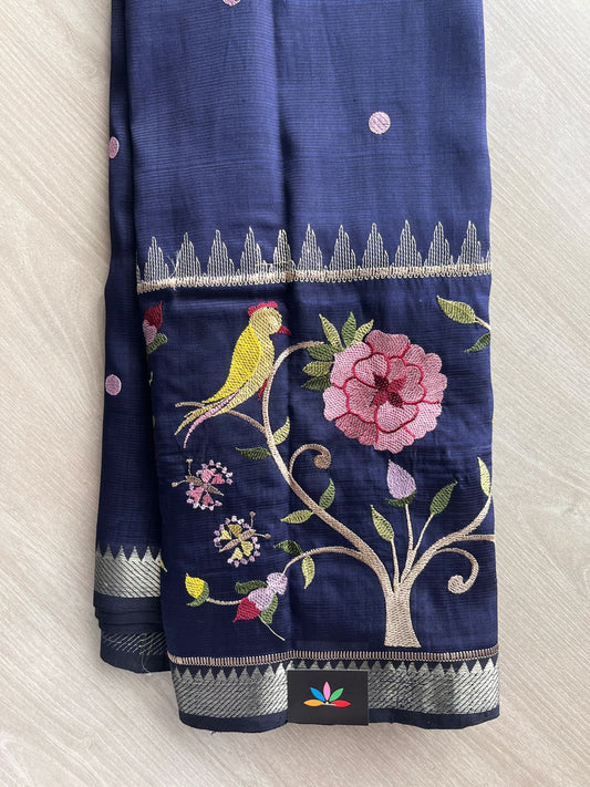 Space Blue Embroidered Handloom Mangalagiri Silk Cotton Saree - 32337