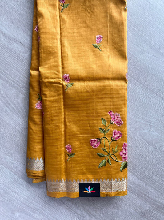 Mustard Yellow Embroidered Handloom Mangalagiri Silk Cotton Saree - 32338