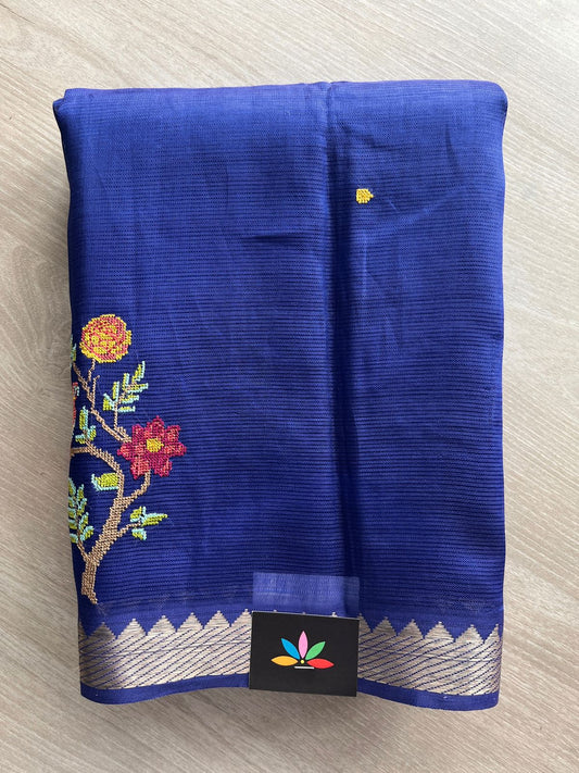 Dark Royal Blue Embroidered Handloom Mangalagiri Silk Cotton Saree - 32340