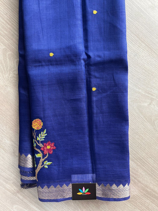 Dark Royal Blue Embroidered Handloom Mangalagiri Silk Cotton Saree - 32340