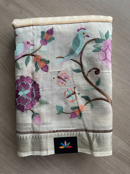Off-White Embroidered Handloom Mangalagiri Silk Cotton Saree - 32341