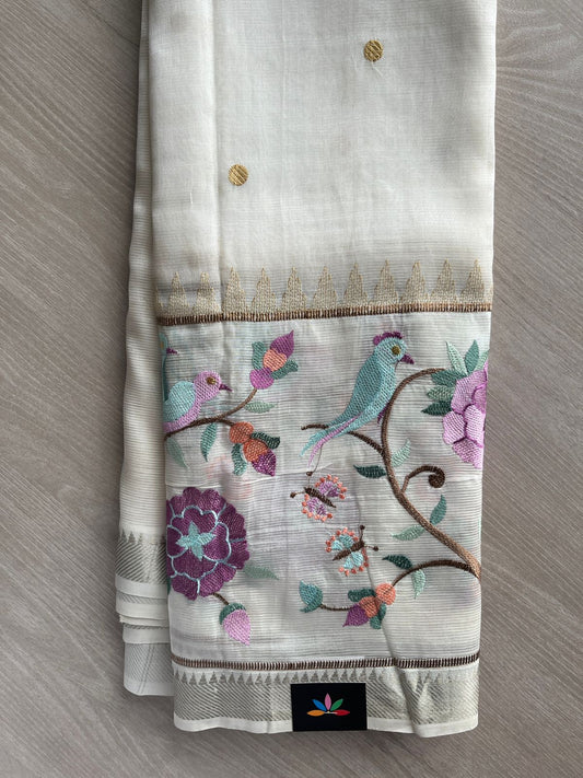 Off-White Embroidered Handloom Mangalagiri Silk Cotton Saree - 32341