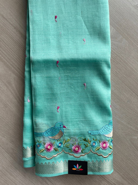 Light Sea Green Embroidered Handloom Mangalagiri Silk Cotton Saree - 32342
