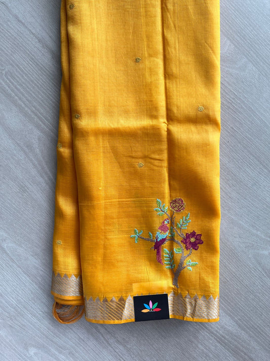 Mustard Yellow Embroidered Handloom Mangalagiri Silk Cotton Saree - 32343