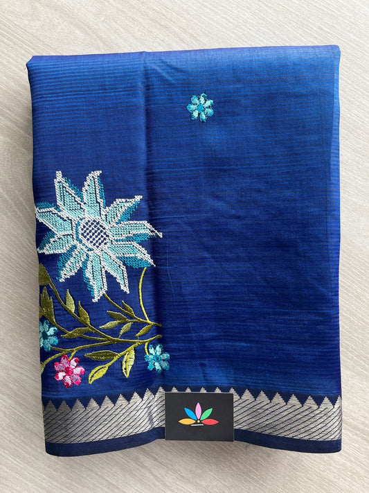 Rich Deep Blue Embroidered Handloom Mangalagiri Silk Cotton Saree - 32344