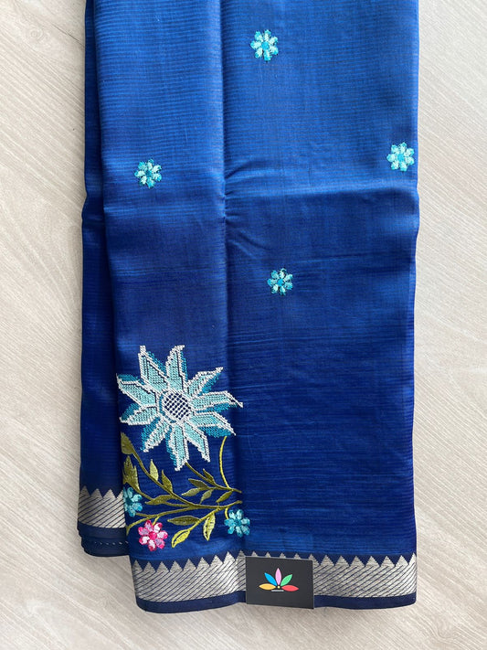 Rich Deep Blue Embroidered Handloom Mangalagiri Silk Cotton Saree - 32344