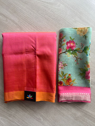 Handloom Mangalagiri Silk Cotton Saree With Digital Printed Blouse Fabric - 35459