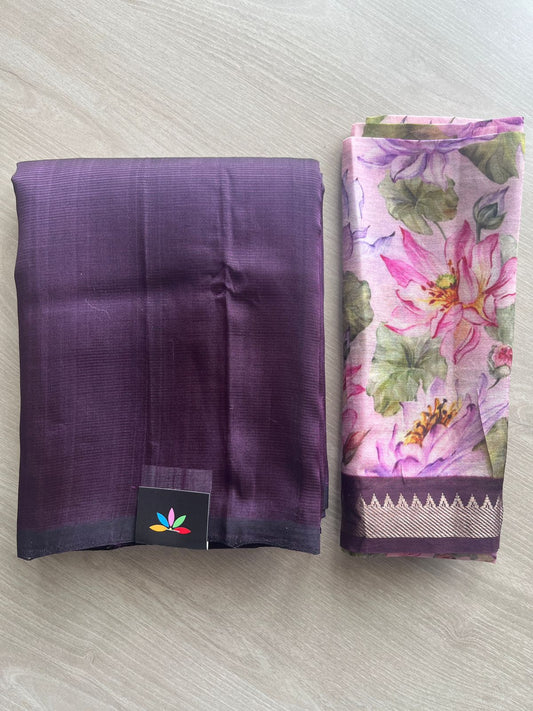 Royal Purple Handloom Mangalagiri Silk Cotton Saree With Digital Printed Blouse Fabric - 35463
