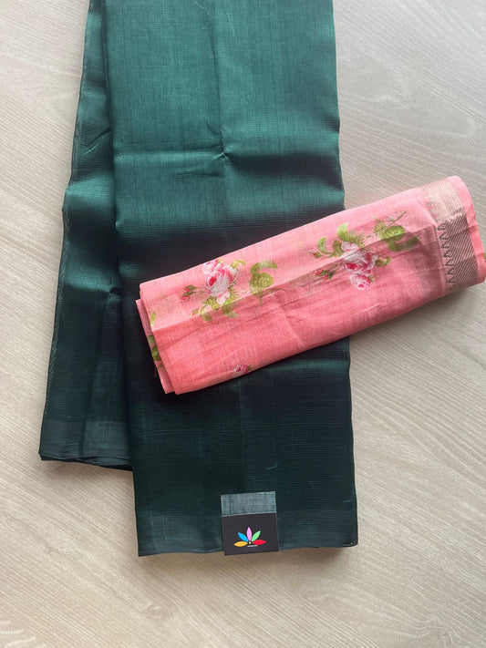 Deep Pine Green Handloom Mangalagiri Silk Cotton Saree With Digital Printed Blouse Fabric - 35474