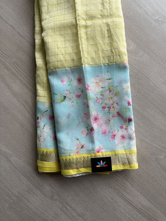 Zari Checks Mangalagiri Silk Cotton Saree with Digital Printed Border and Blouse-23486