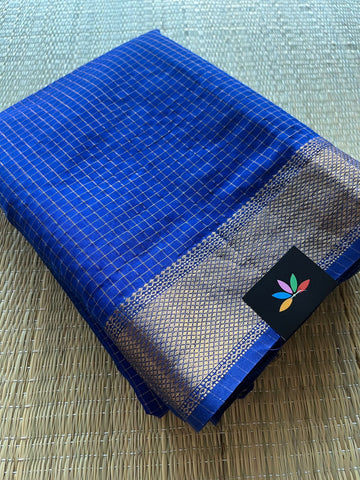 Royal Blue Handloom Maheshwari Silk Cotton Saree - 30246