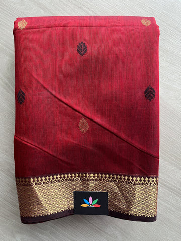 Reddish Maroon Handloom Maheshwari Silk Cotton Saree - 30260