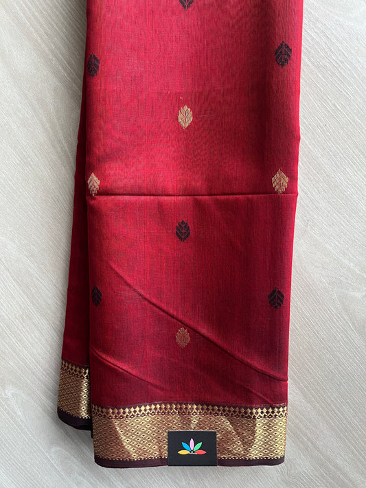 Reddish Maroon Handloom Maheshwari Silk Cotton Saree - 30260