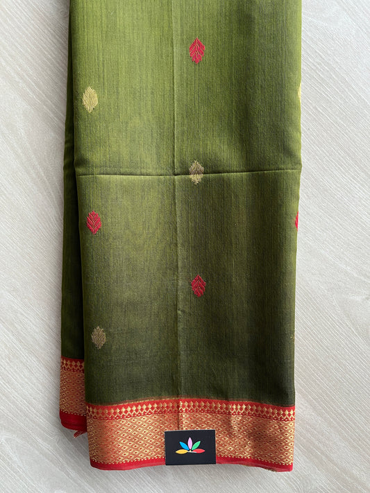 Olive Green Handloom Maheshwari Silk Cotton Saree -30264