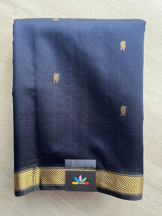 Dark Navy Blue Handloom Maheshwari Silk Cotton Saree -30265