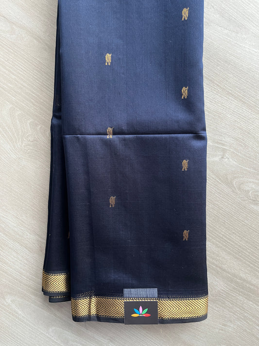 Dark Navy Blue Handloom Maheshwari Silk Cotton Saree -30265