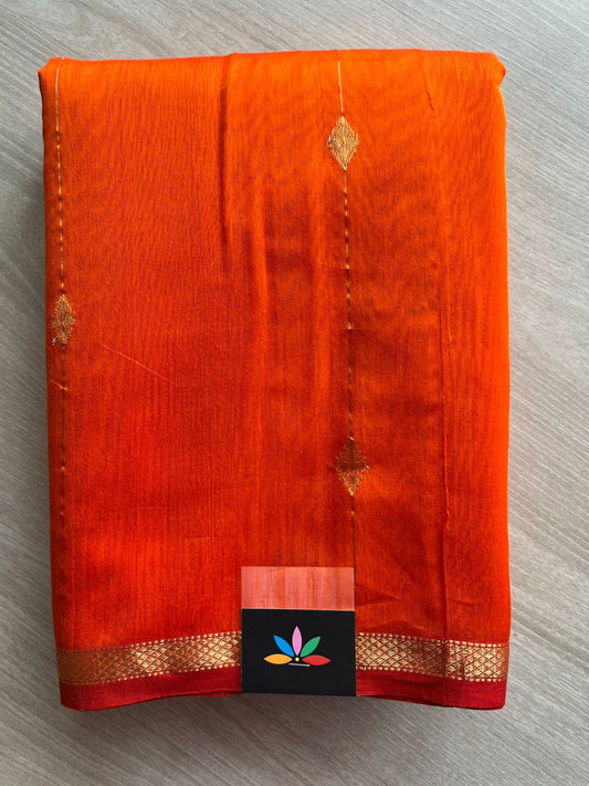 Bright Orange Handloom Maheshwari Silk Cotton Saree - 30274