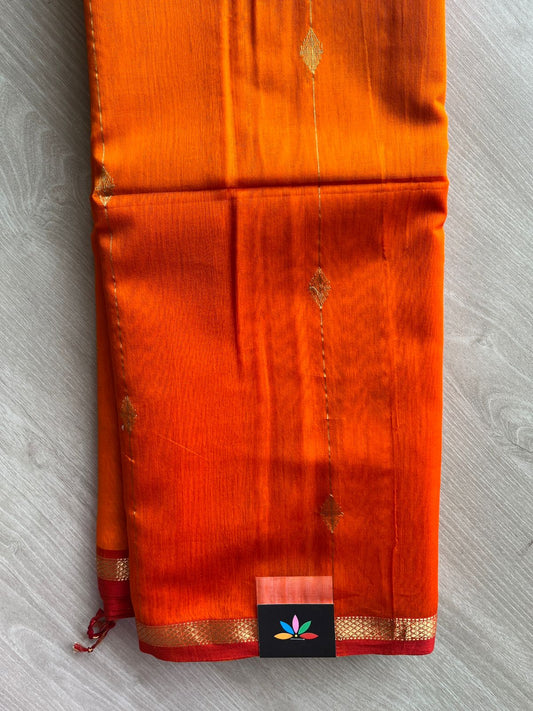 Bright Orange Handloom Maheshwari Silk Cotton Saree - 30274