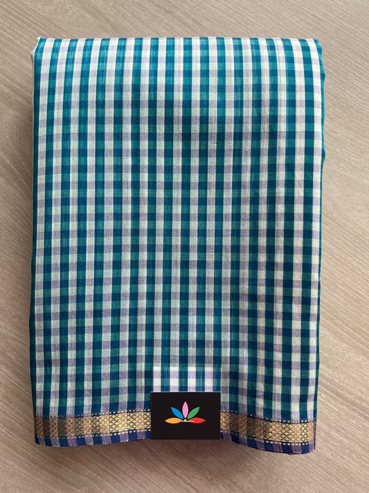 Teal Shade & White Handloom Maheshwari Silk Cotton Saree - 30278