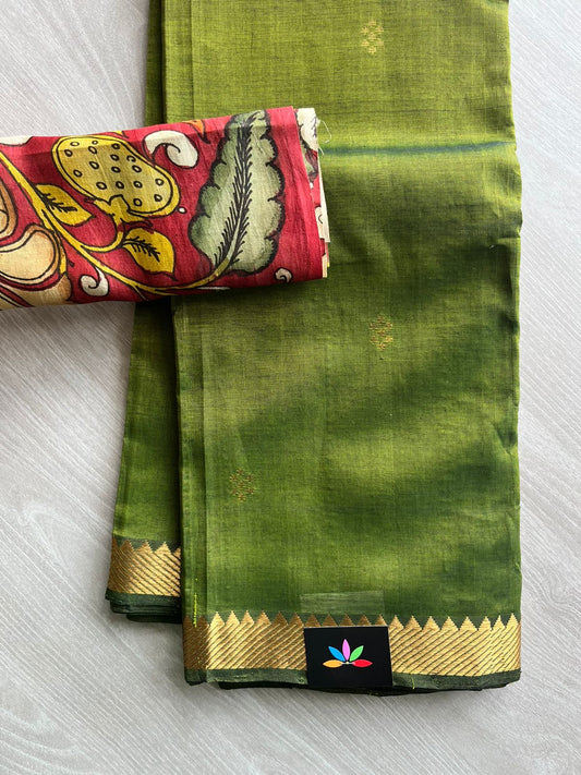 Handwoven Mangalagiri Flora Butta Silk Cotton Saree Paired with Handpainted Kalamkari Blouse Fabric -11885