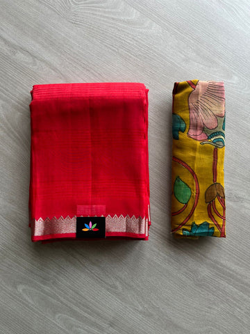 Handwoven Mangalagiri Flora Butta Silk Cotton Saree Paired with Handpainted Kalamkari Blouse Fabric -11886