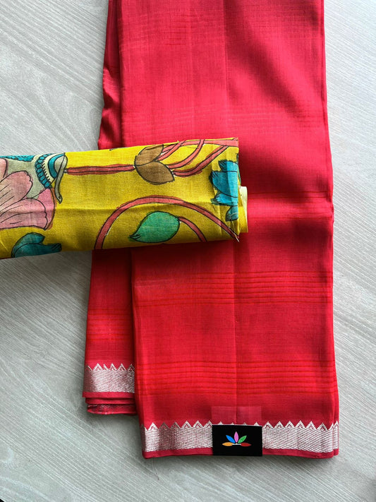 Handwoven Mangalagiri Flora Butta Silk Cotton Saree Paired with Handpainted Kalamkari Blouse Fabric -11886