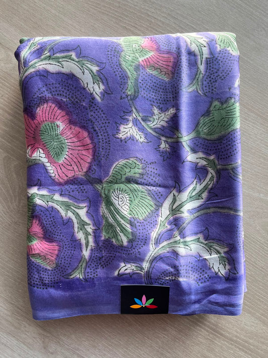 Iris Blue Hand Block Printed Modal Silk Saree - 35192