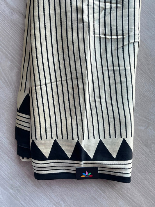 Cream Shade Hand Block Printed Modal Silk Saree - 35195