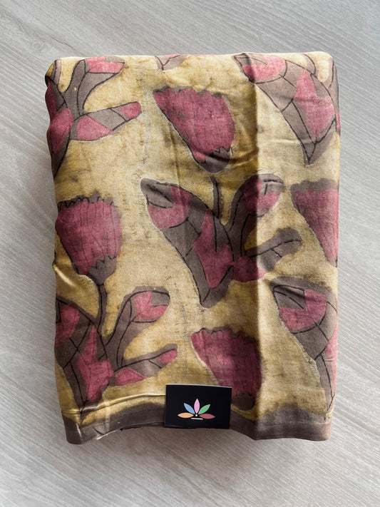 Antique Gold Hand Block Printed Modal Silk Saree - 35196