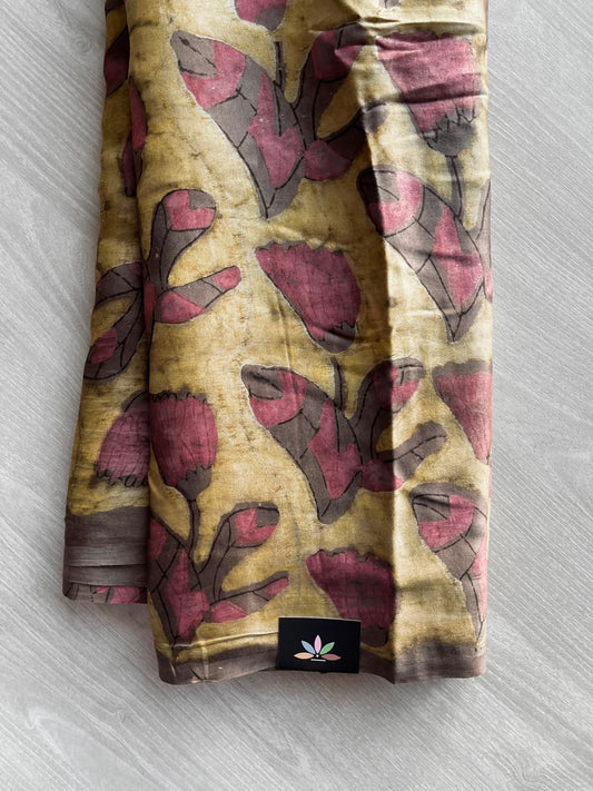 Antique Gold Hand Block Printed Modal Silk Saree - 35196