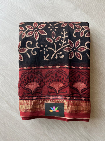 Handblock Printed Maheshwari Border Silk Cotton Saree -7676