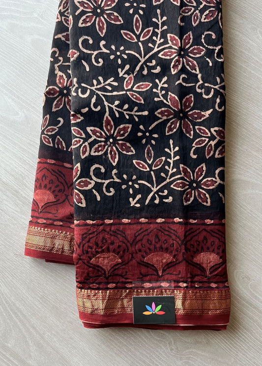 Handblock Printed Maheshwari Border Silk Cotton Saree -7676