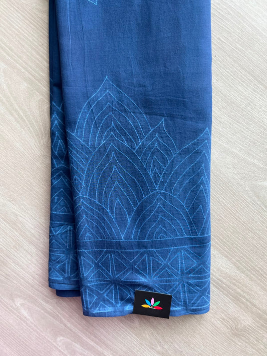 Yale Blue Hand Stitched Shibori Fine Mul Cotton Saree - 33403