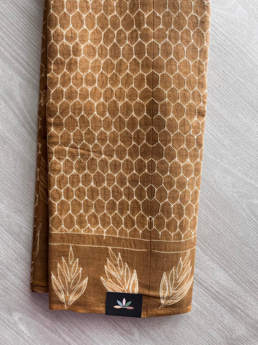 Dark Honey Shade Hand Stitched Shibori Fine Mul Cotton Saree - 33404