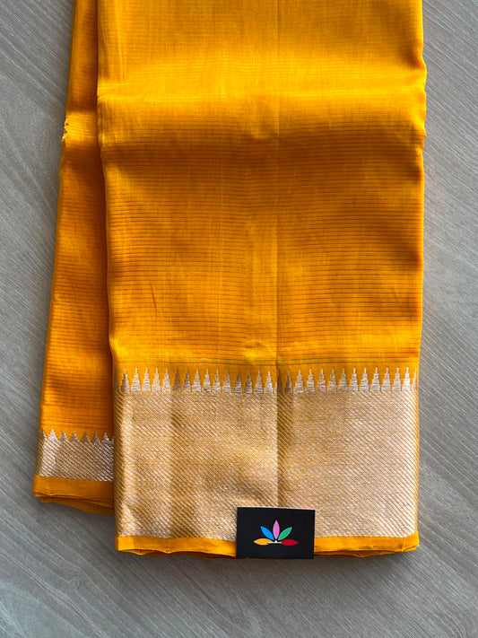 Turmeric Yellow Silver Zari Temple Border Mangalagiri Silk Cotton Saree - 35034