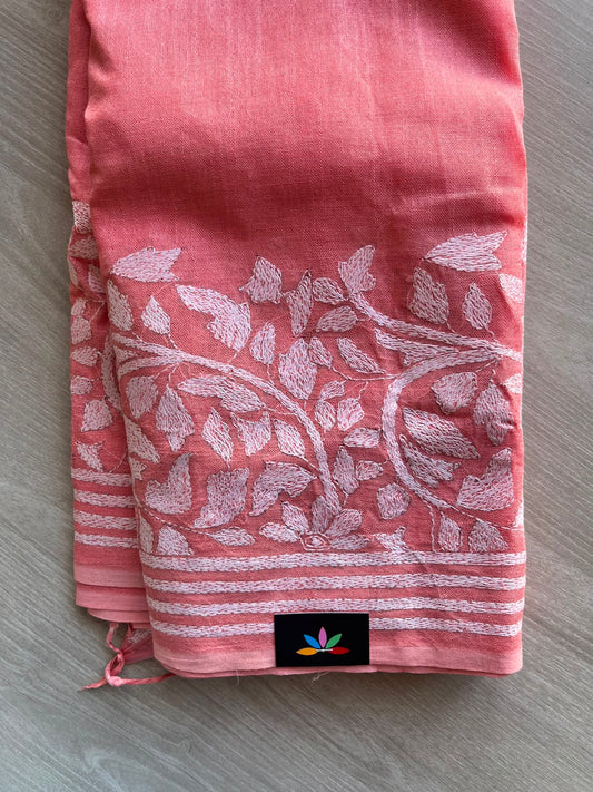 Salmon Pink Classy Kantha Stitch Cotton Saree - 35043