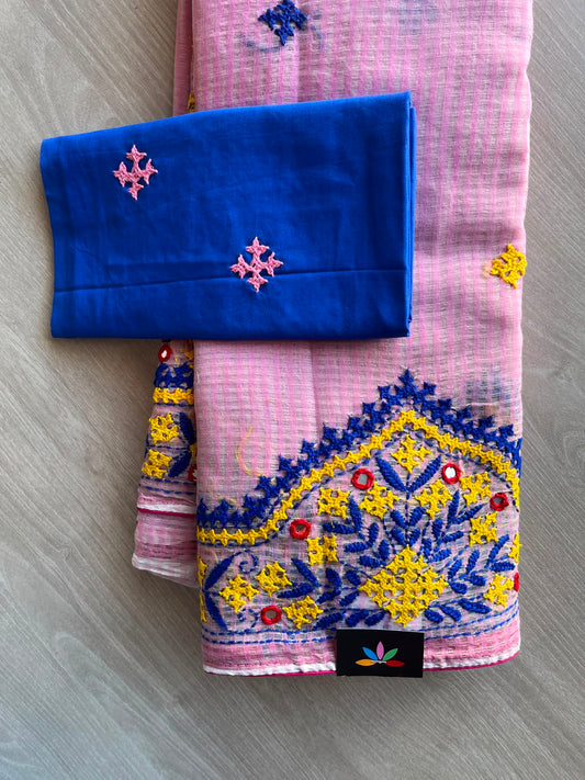 Baby Pink Hand Embroidered Resham Kota Saree - 35044