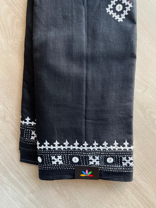 Black Gujarati Stitch Cotton Saree - 35046