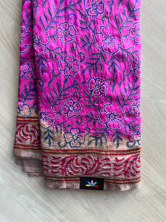 Orchid Magenta All Over Kantha Stitch Semi Bangalore Silk Saree - 35047