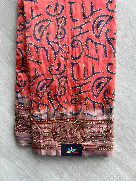 Deep Salmon Shade All Over Kantha Stitch Semi Bangalore Silk Saree - 35048
