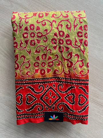 Pomelo Olive Shade All Over Kantha Stitch Semi Bangalore Silk Saree - 35049