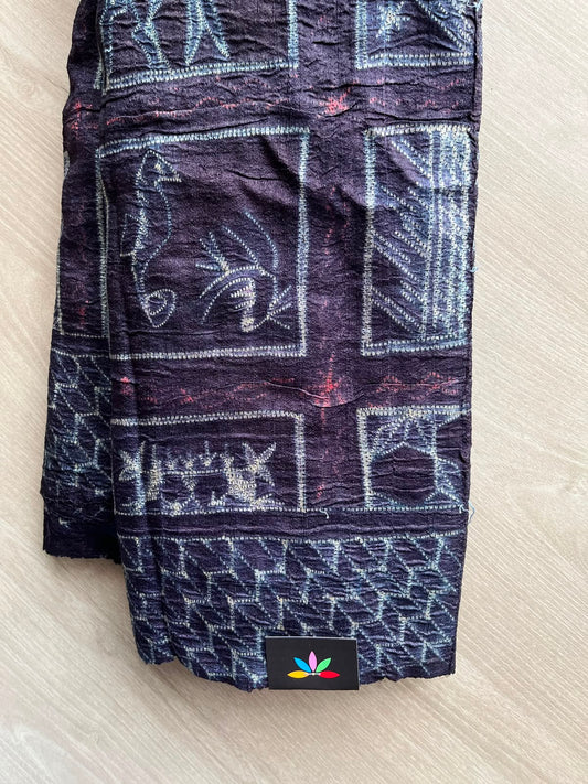 Blackest Indigo Hand Stitched Shibori Tussar Silk Saree - 35050