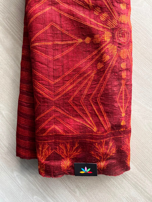 Ruby red Hand Stitched Shibori Tussar Silk Saree - 35051