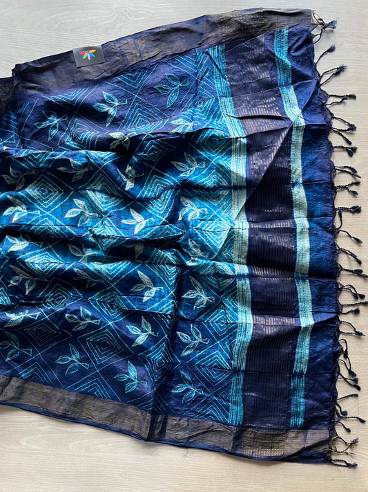 Midnight Navy Blue DUPPATA: Hand Stitched Shibori Tussar Silk Duppata - 35052
