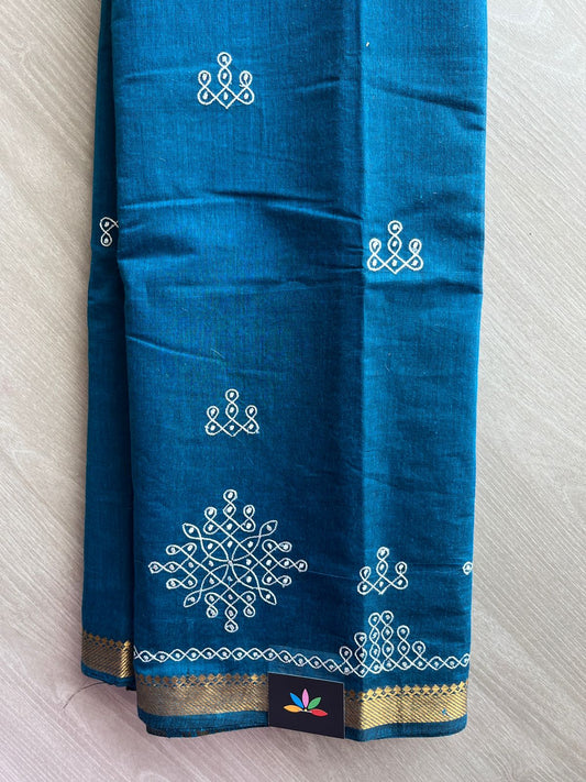 Medium Persian Blue Kolam Embroidered Mangalagiri Cotton Saree-31395