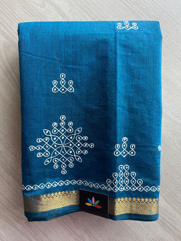 Medium Persian Blue Kolam Embroidered Mangalagiri Cotton Saree-31395