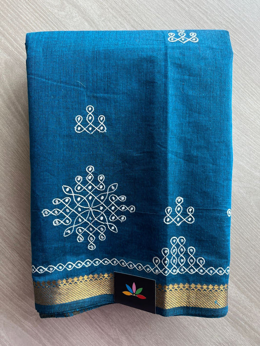 Medium Persian Blue Kolam Embroidered Mangalagiri Cotton Saree-31395
