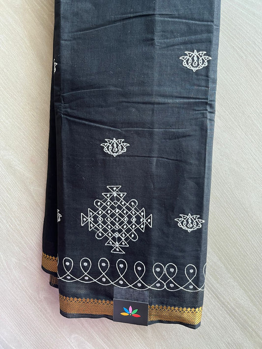 Black Kolam Embroidered Mangalagiri Cotton Saree-31396