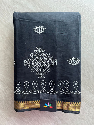 Black Kolam Embroidered Mangalagiri Cotton Saree-31396