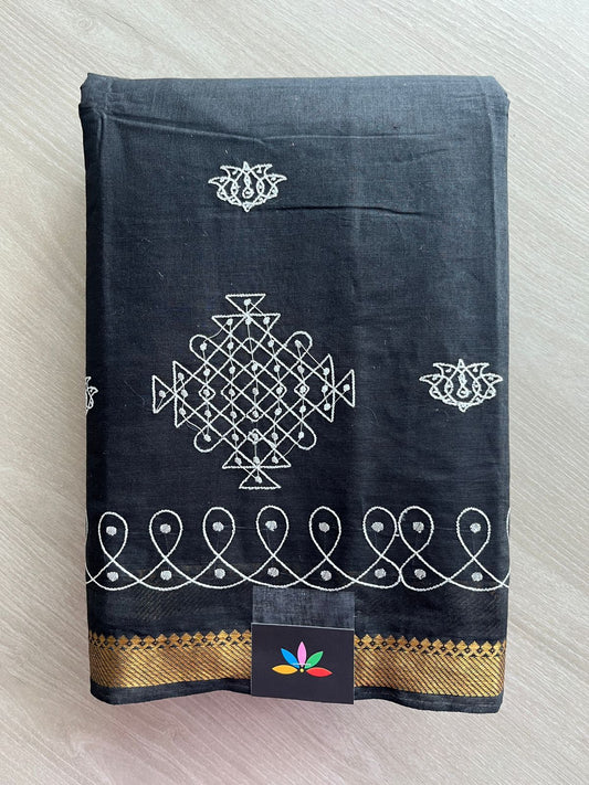 Black Kolam Embroidered Mangalagiri Cotton Saree-31396